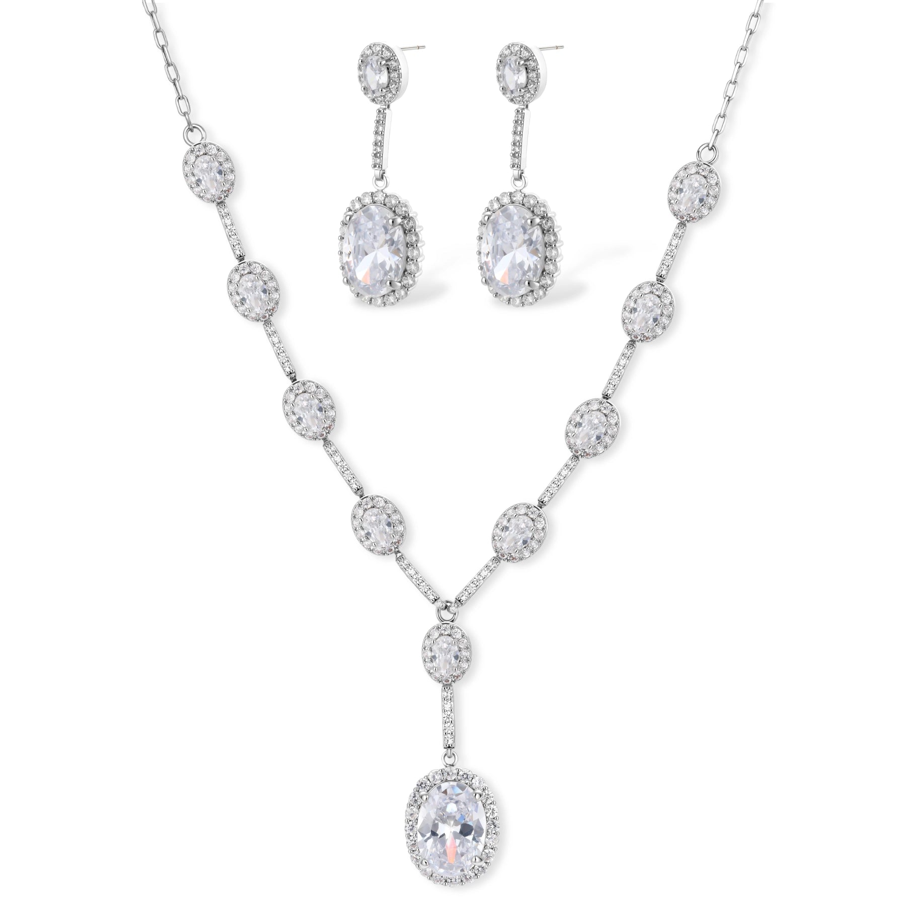 Elegant white gold plated jewelry set with oval cubic zirconia stones in halo settings, featuring Y-necklace and drop earrings.