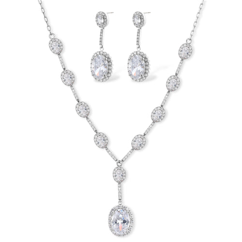 Elegant white gold plated jewelry set with oval cubic zirconia stones in halo settings, featuring Y-necklace and drop earrings.