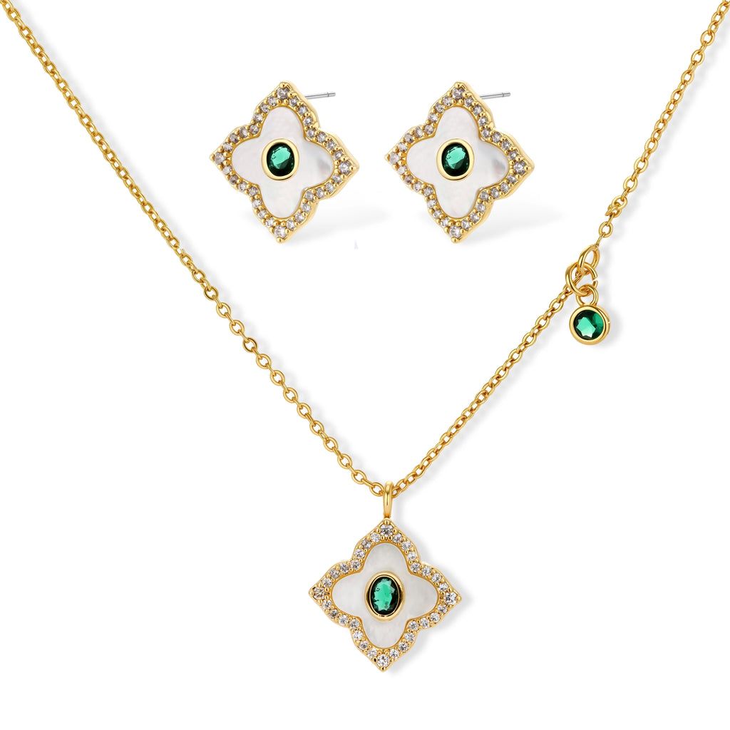 Gold-plated jewelry set with diamond-shaped pendants featuring white centers, green stones, and sparkling zirconia borders