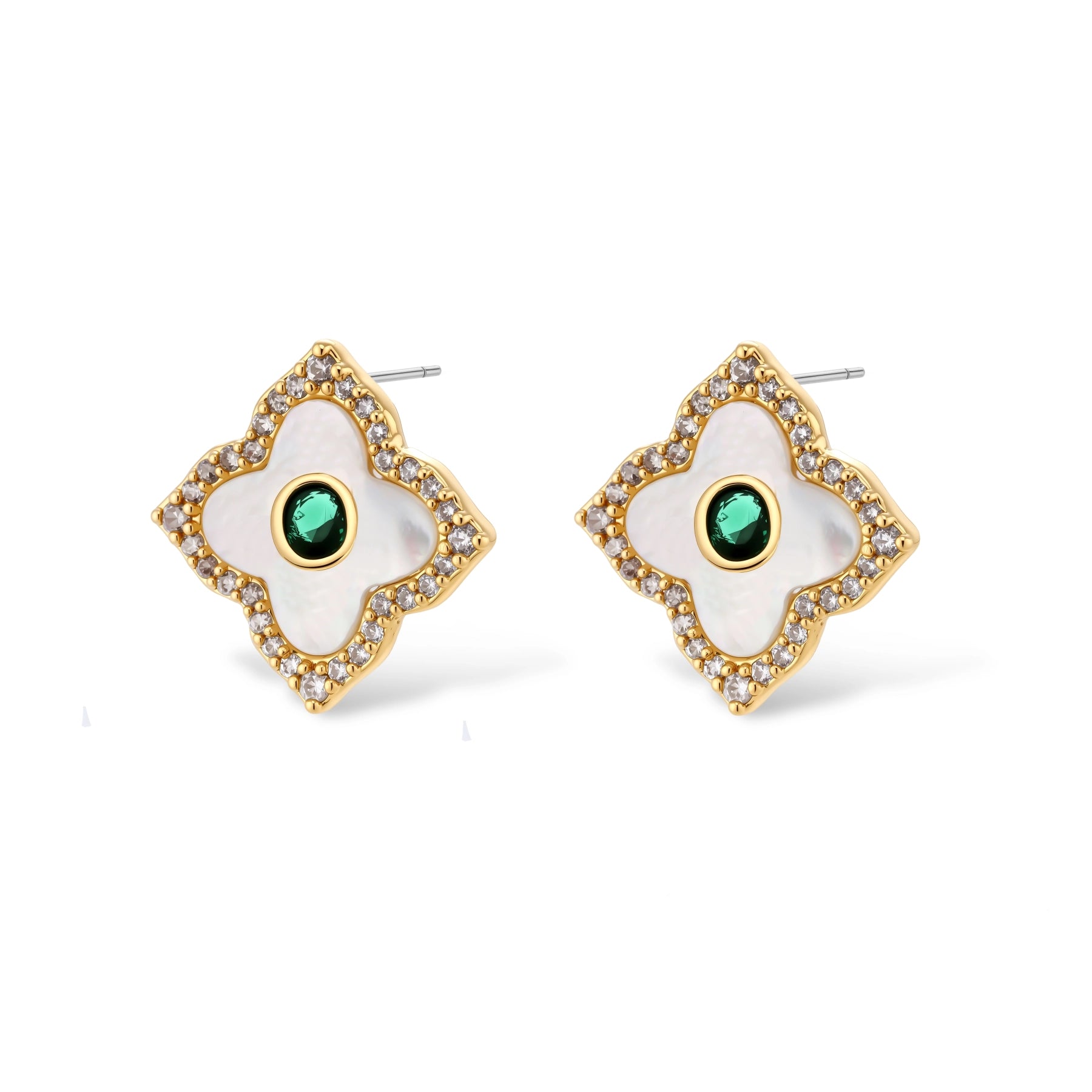 Gold-plated jewelry set with diamond-shaped pendants featuring white centers, green stones, and sparkling zirconia borders